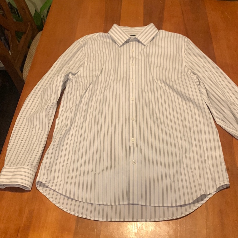 White Express Slim Fit Dress Shirt with Navy Blue Pin Stripes